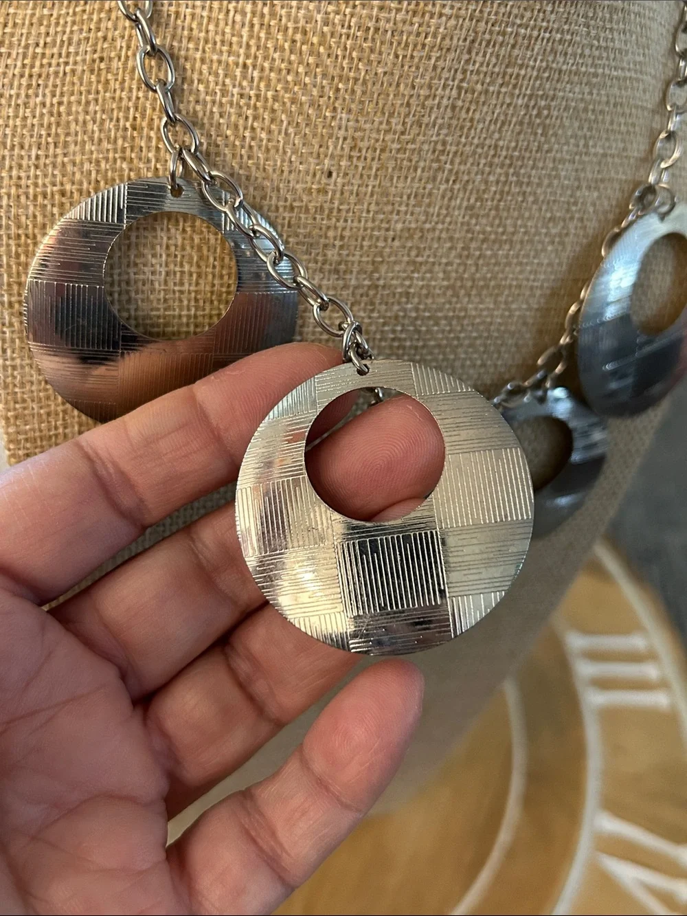 Statement Silver-Tone textured Circle Pendant Necklace - Women Jewelry
